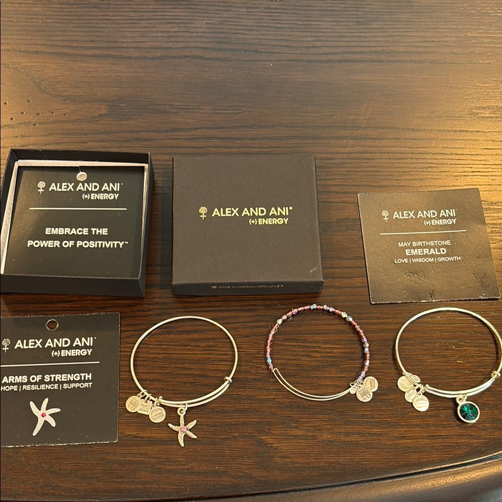 Three Alex and Ani Silver and Multicolor Charm Bracelets